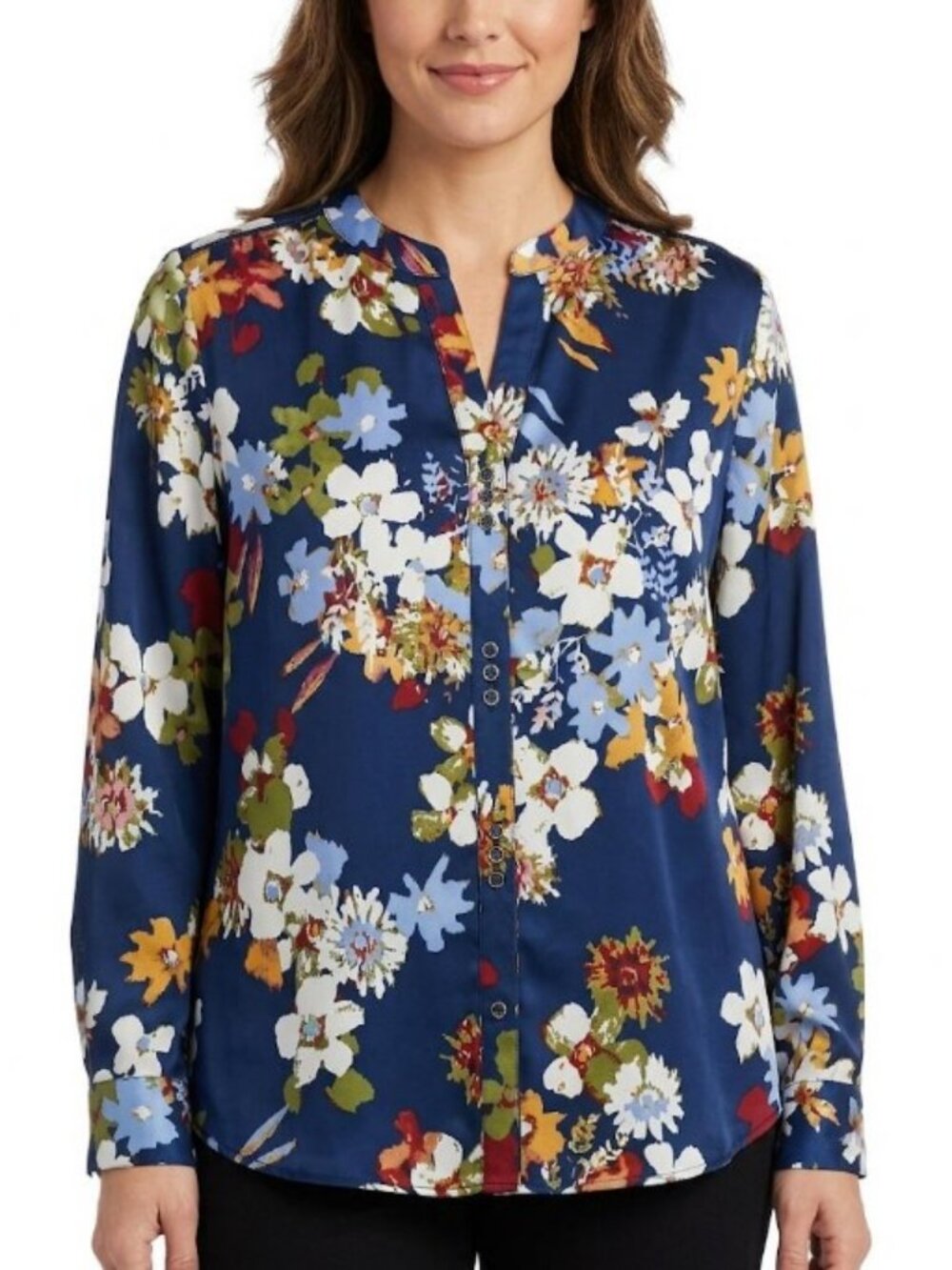 Zac & Rachel Botanical Easy-Care Tunic Style Navy Blouse Size XL